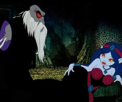 scene from Wizards 1977 cult animated film by Ralph Bakshi featuring fantasy and sci-fi imagery
