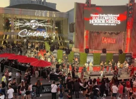 audiences gathering at a blockbuster horror premiere event during Universal Horror Nights