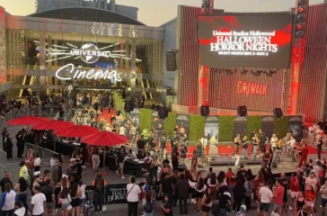 audiences gathering at a blockbuster horror premiere event during Universal Horror Nights