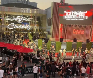 audiences gathering at a blockbuster horror premiere event during Universal Horror Nights