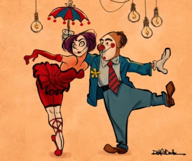 Two animated burlesque performers from an independent cartoon series performing on stage, representing creator-driven entertainment and audience building in the digital age.