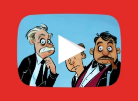 A giant YouTube play button towers over a wall of video content while three frightened television executives watch from behind, symbolizing how YouTube transformed the entertainment industry.