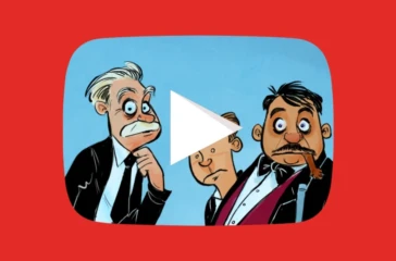 A giant YouTube play button towers over a wall of video content while three frightened television executives watch from behind, symbolizing how YouTube transformed the entertainment industry.