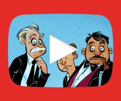 A giant YouTube play button towers over a wall of video content while three frightened television executives watch from behind, symbolizing how YouTube transformed the entertainment industry.