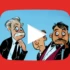A giant YouTube play button towers over a wall of video content while three frightened television executives watch from behind, symbolizing how YouTube transformed the entertainment industry.