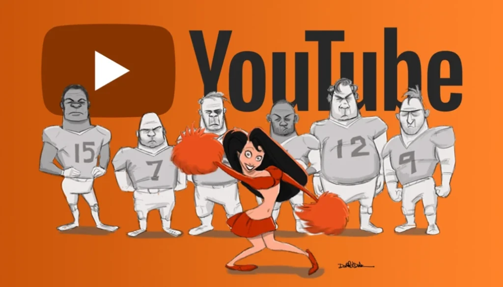 Cheerleader standing in front of football players cheering for YouTube as television and streaming culture replaces traditional TV viewing