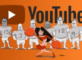Cheerleader standing in front of football players cheering for YouTube as television and streaming culture replaces traditional TV viewing