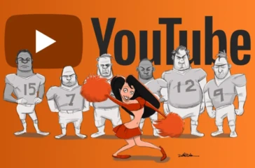 Cheerleader standing in front of football players cheering for YouTube as television and streaming culture replaces traditional TV viewing