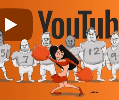 Cheerleader standing in front of football players cheering for YouTube as television and streaming culture replaces traditional TV viewing