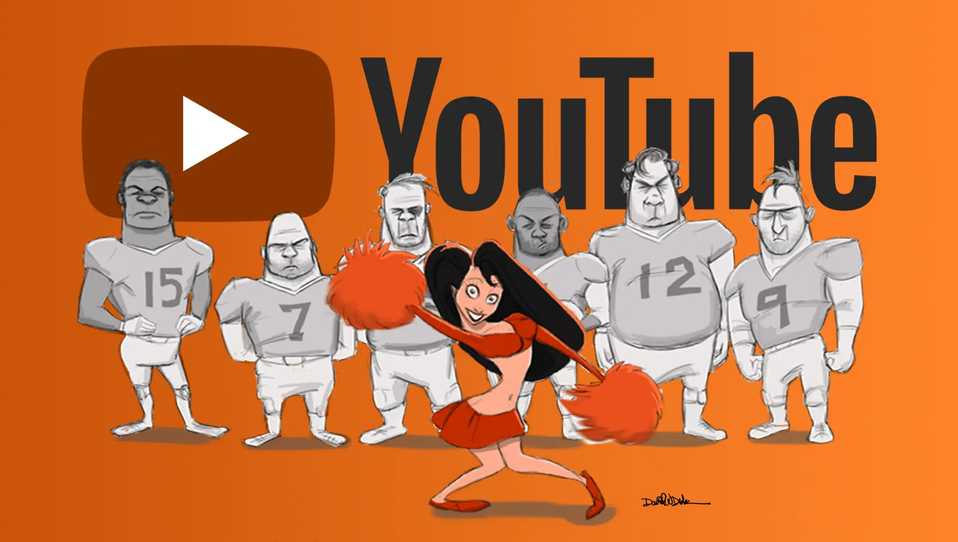 Cheerleader standing in front of football players cheering for YouTube as television and streaming culture replaces traditional TV viewing