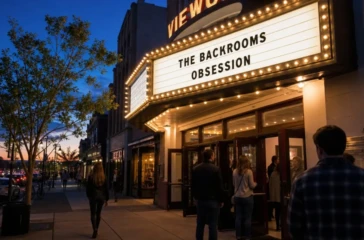 Movie theater marquee displaying The Backrooms and Obsession during evening screenings
