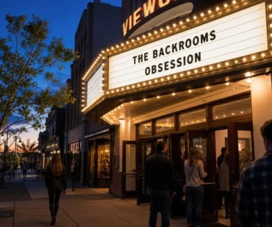 Movie theater marquee displaying The Backrooms and Obsession during evening screenings
