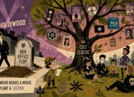 Illustrated mid-century modern artwork showing a failed Hollywood movie growing into a cult classic as devoted fans keep its legacy alive over time.