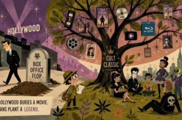 Illustrated mid-century modern artwork showing a failed Hollywood movie growing into a cult classic as devoted fans keep its legacy alive over time.