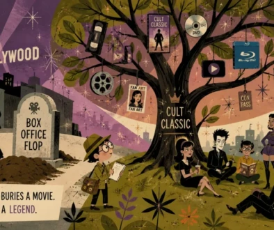 Illustrated mid-century modern artwork showing a failed Hollywood movie growing into a cult classic as devoted fans keep its legacy alive over time.