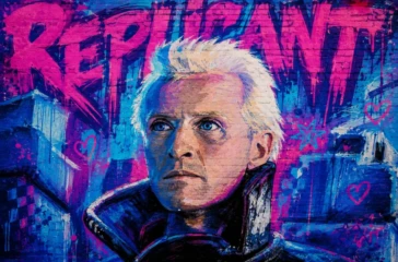 Stylized graffiti mural inspired by Blade Runner featuring a white-haired replicant painted in vibrant blue and magenta on a weathered wall.