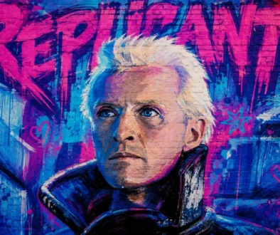 Stylized graffiti mural inspired by Blade Runner featuring a white-haired replicant painted in vibrant blue and magenta on a weathered wall.