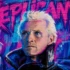 Stylized graffiti mural inspired by Blade Runner featuring a white-haired replicant painted in vibrant blue and magenta on a weathered wall.