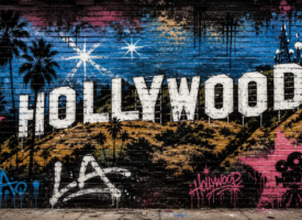 Graffiti-style illustration of the Hollywood Sign painted on a brick wall with palm trees, stars and vintage movie imagery.