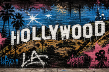 Graffiti-style illustration of the Hollywood Sign painted on a brick wall with palm trees, stars and vintage movie imagery.