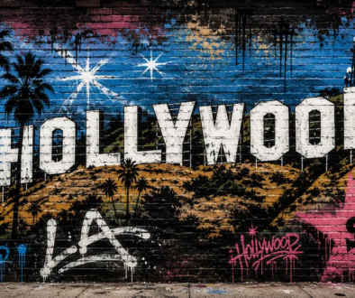 Graffiti-style illustration of the Hollywood Sign painted on a brick wall with palm trees, stars and vintage movie imagery.
