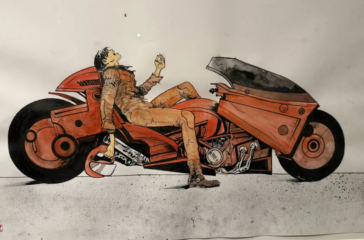 Original Akira artwork depicting Kaneda beside his futuristic motorcycle, on display at the Lucas Museum of Narrative Art.