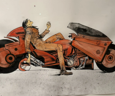 Original Akira artwork depicting Kaneda beside his futuristic motorcycle, on display at the Lucas Museum of Narrative Art.