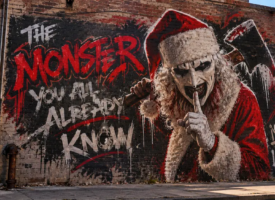 street-art mural of Art the Clown in a Santa hat and wings, with "The Monster You Already Know" spray-painted beside him on a brick wall.