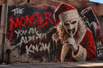 street-art mural of Art the Clown in a Santa hat and wings, with "The Monster You Already Know" spray-painted beside him on a brick wall.