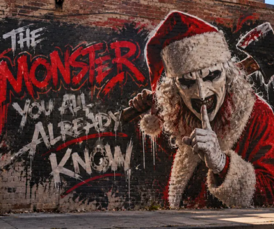 street-art mural of Art the Clown in a Santa hat and wings, with "The Monster You Already Know" spray-painted beside him on a brick wall.