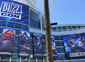 Banners for BlizzCon 2026 hang outside the Anaheim Convention Center.