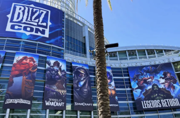 Banners for BlizzCon 2026 hang outside the Anaheim Convention Center.