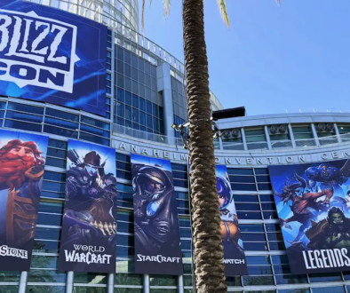 Banners for BlizzCon 2026 hang outside the Anaheim Convention Center.