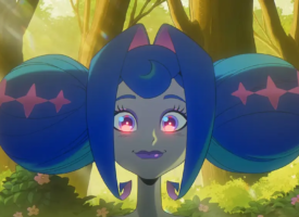 Animated character with blue hair and glowing pink eyes in a sunlit forest, from GLITCH Productions' independent animation series Knights of Guinevere