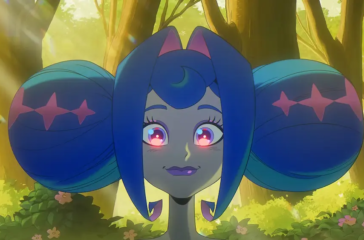 Animated character with blue hair and glowing pink eyes in a sunlit forest, from GLITCH Productions' independent animation series Knights of Guinevere