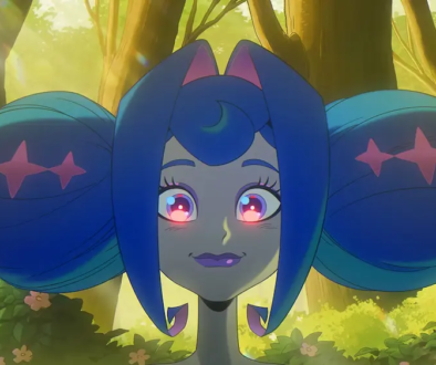 Animated character with blue hair and glowing pink eyes in a sunlit forest, from GLITCH Productions' independent animation series Knights of Guinevere