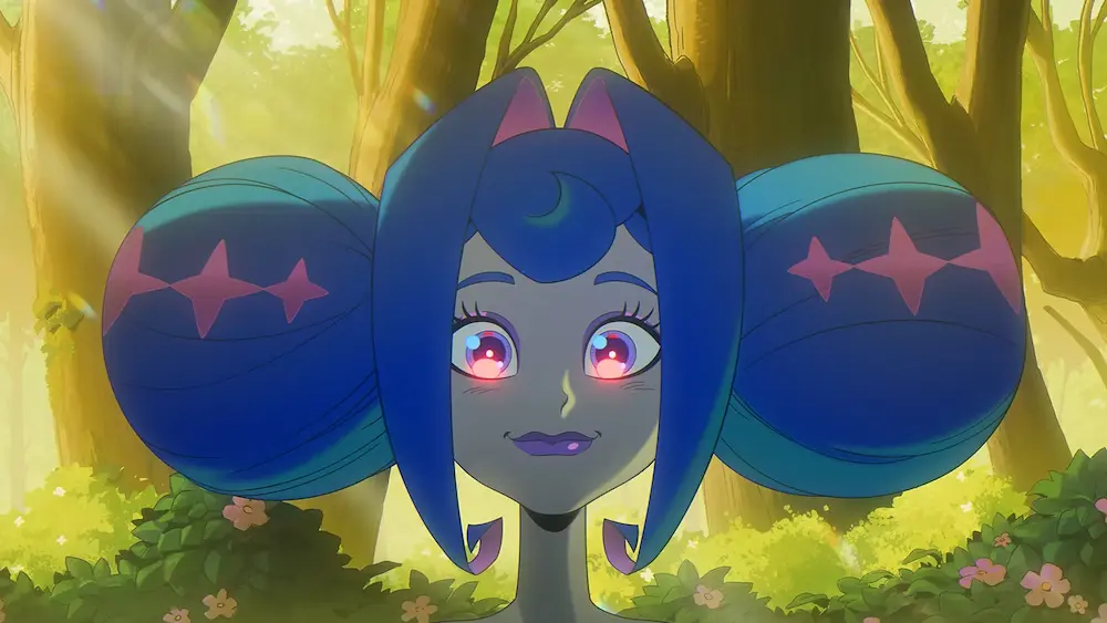 Animated character with blue hair and glowing pink eyes in a sunlit forest, from GLITCH Productions' independent animation series Knights of Guinevere