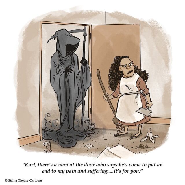 I hope everyone is doing well this weekend. #grimreaper #fall #endofsummer #scythe #cleaning #stringtheory #stringtheorycartoons #weekend #relief #itsalmostfall #painting #watercolor #humor #trope